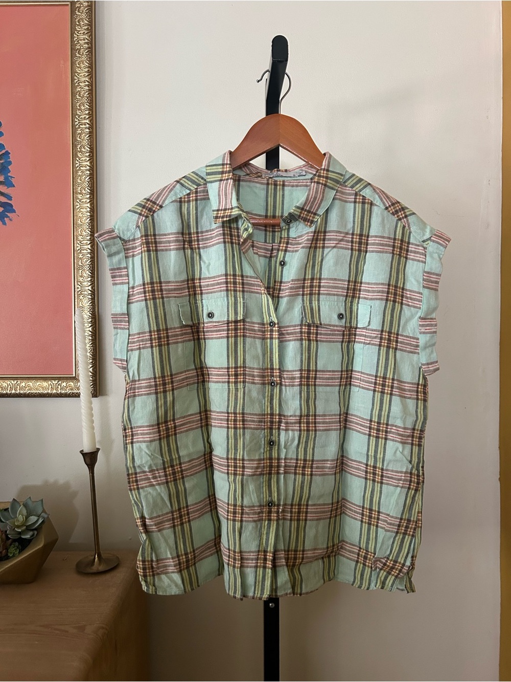 Prana Women's McCray Top Hemp Tencel Plaid Boxy Button Front Shirt Outdoor Small